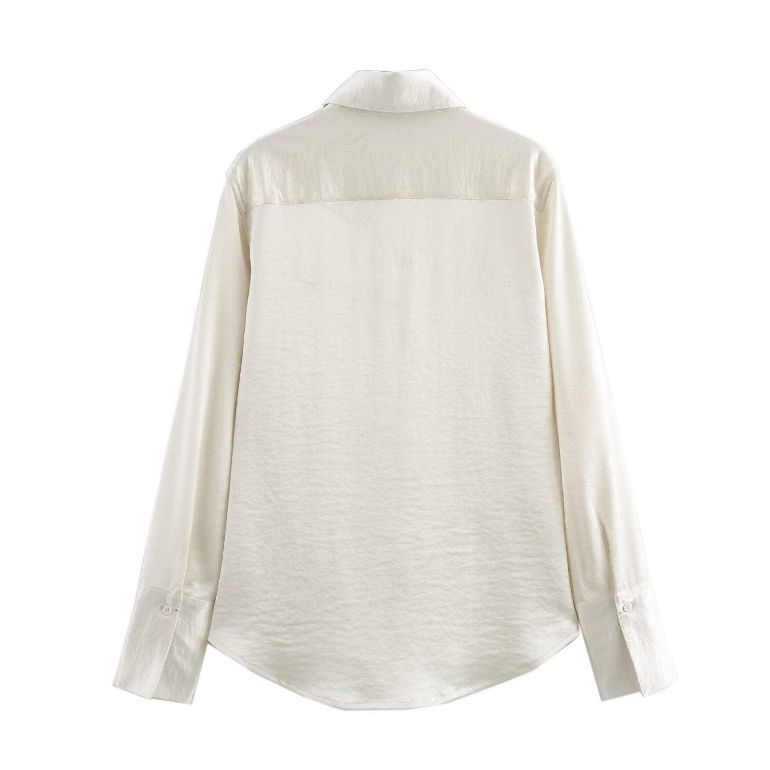 Women Solid Color Long Sleeve Pocket Silk Satin Texture Shirt