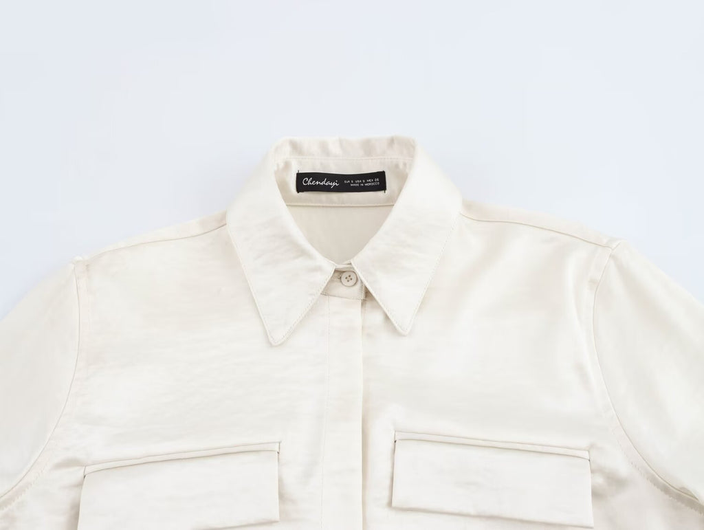 Women Solid Color Long Sleeve Pocket Silk Satin Texture Shirt