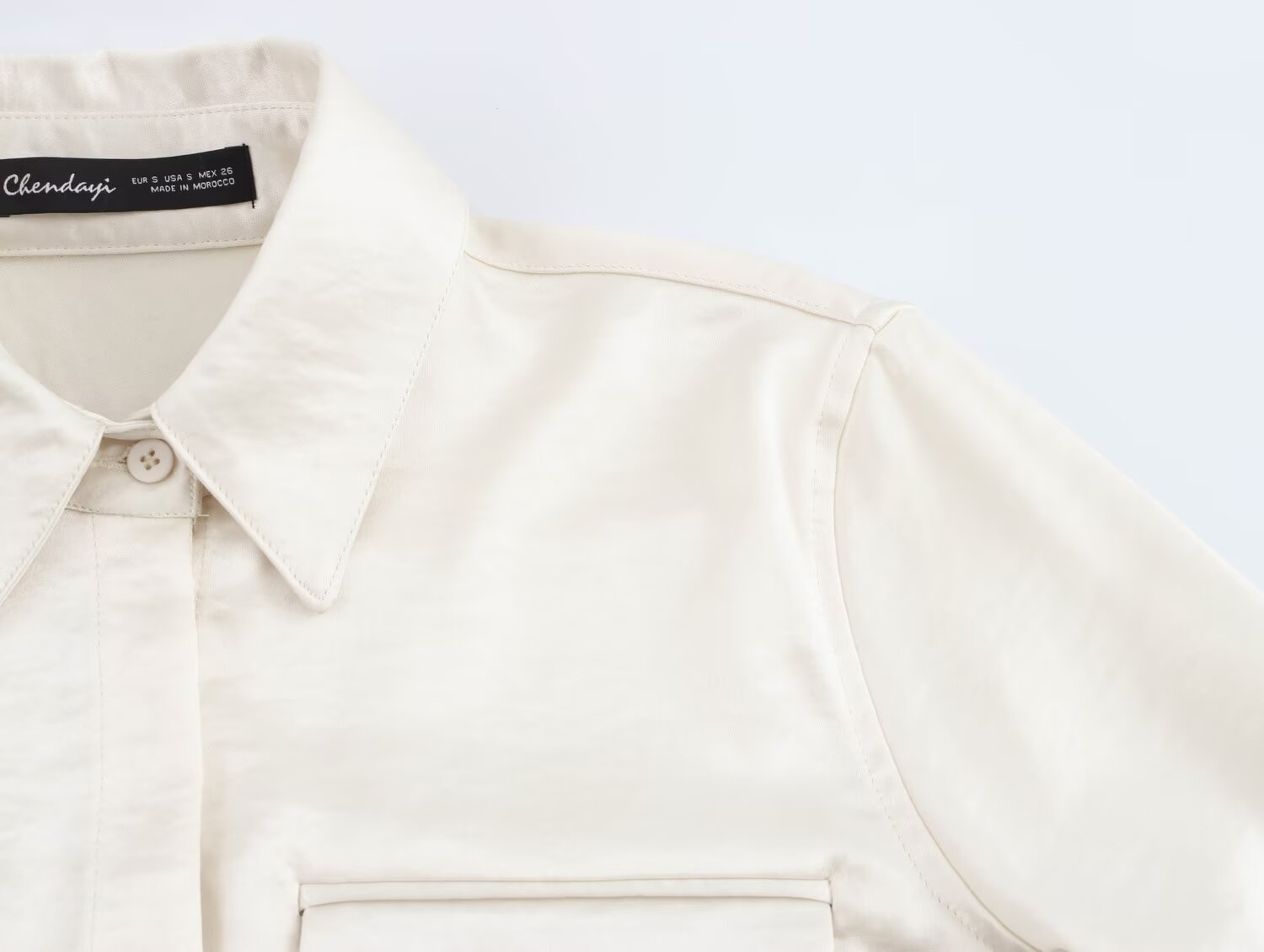 Women Solid Color Long Sleeve Pocket Silk Satin Texture Shirt