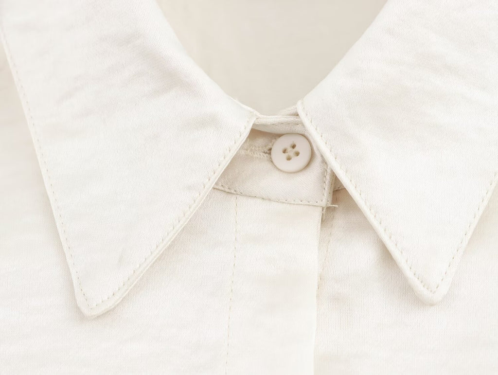 Women Solid Color Long Sleeve Pocket Silk Satin Texture Shirt