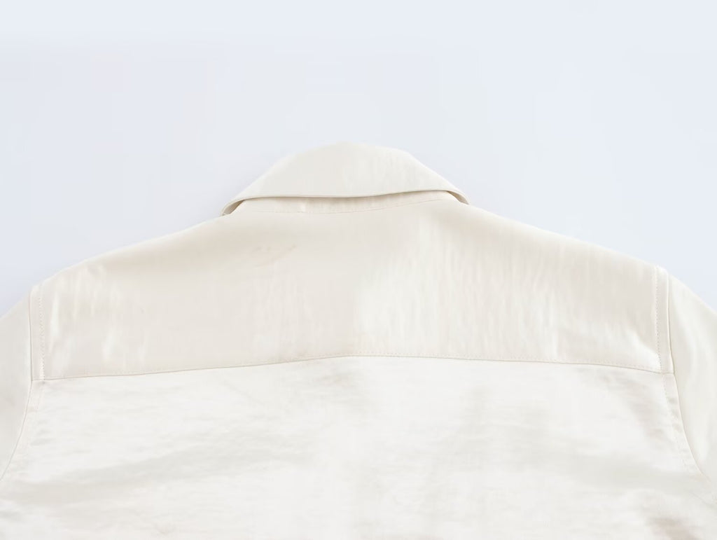 Women Solid Color Long Sleeve Pocket Silk Satin Texture Shirt