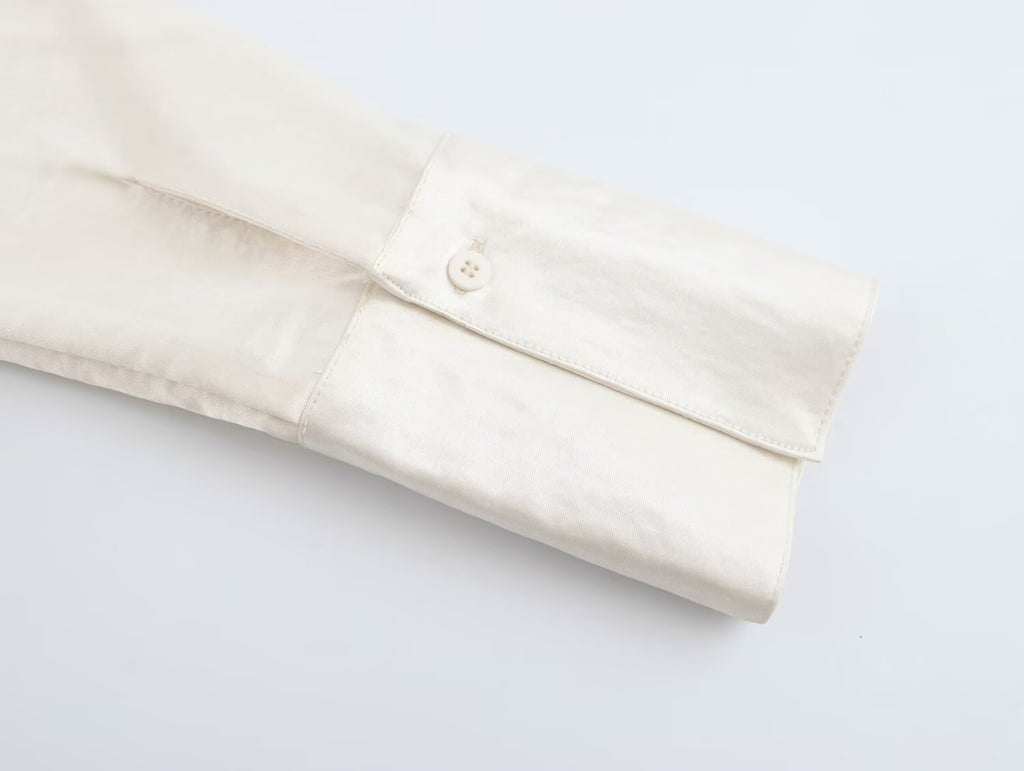 Women Solid Color Long Sleeve Pocket Silk Satin Texture Shirt