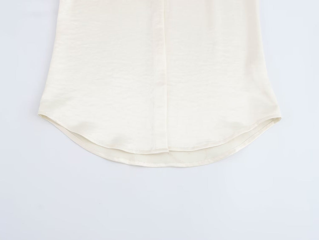 Women Solid Color Long Sleeve Pocket Silk Satin Texture Shirt