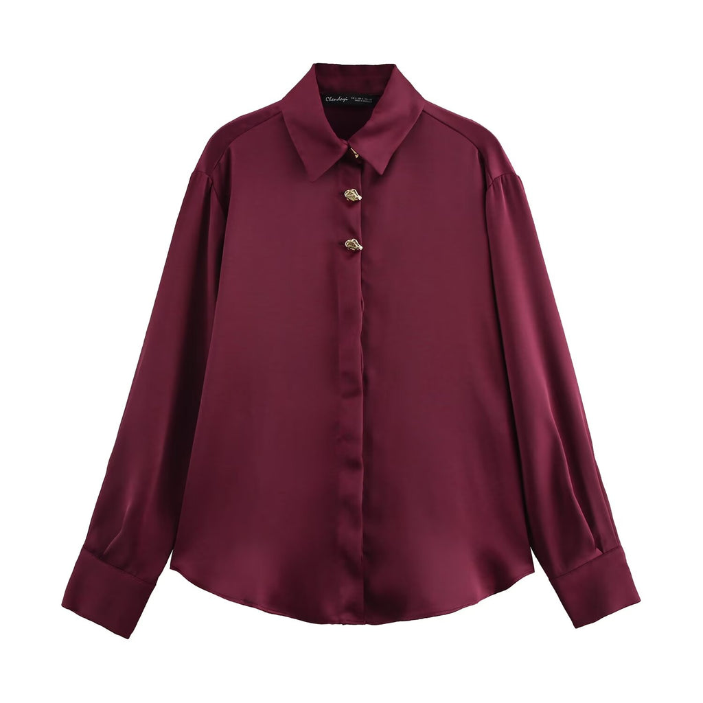 Metal Breasted Satin Textured Shirt Spring Women Clothing