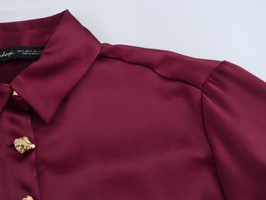 Metal Breasted Satin Textured Shirt Spring Women Clothing