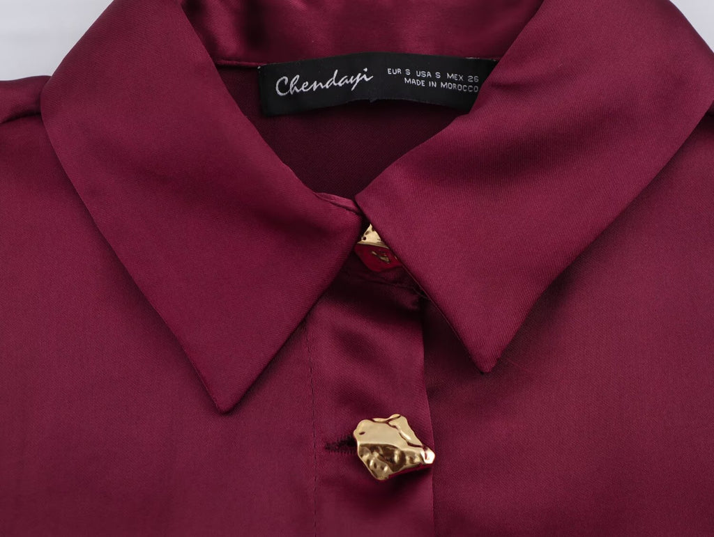 Metal Breasted Satin Textured Shirt Spring Women Clothing