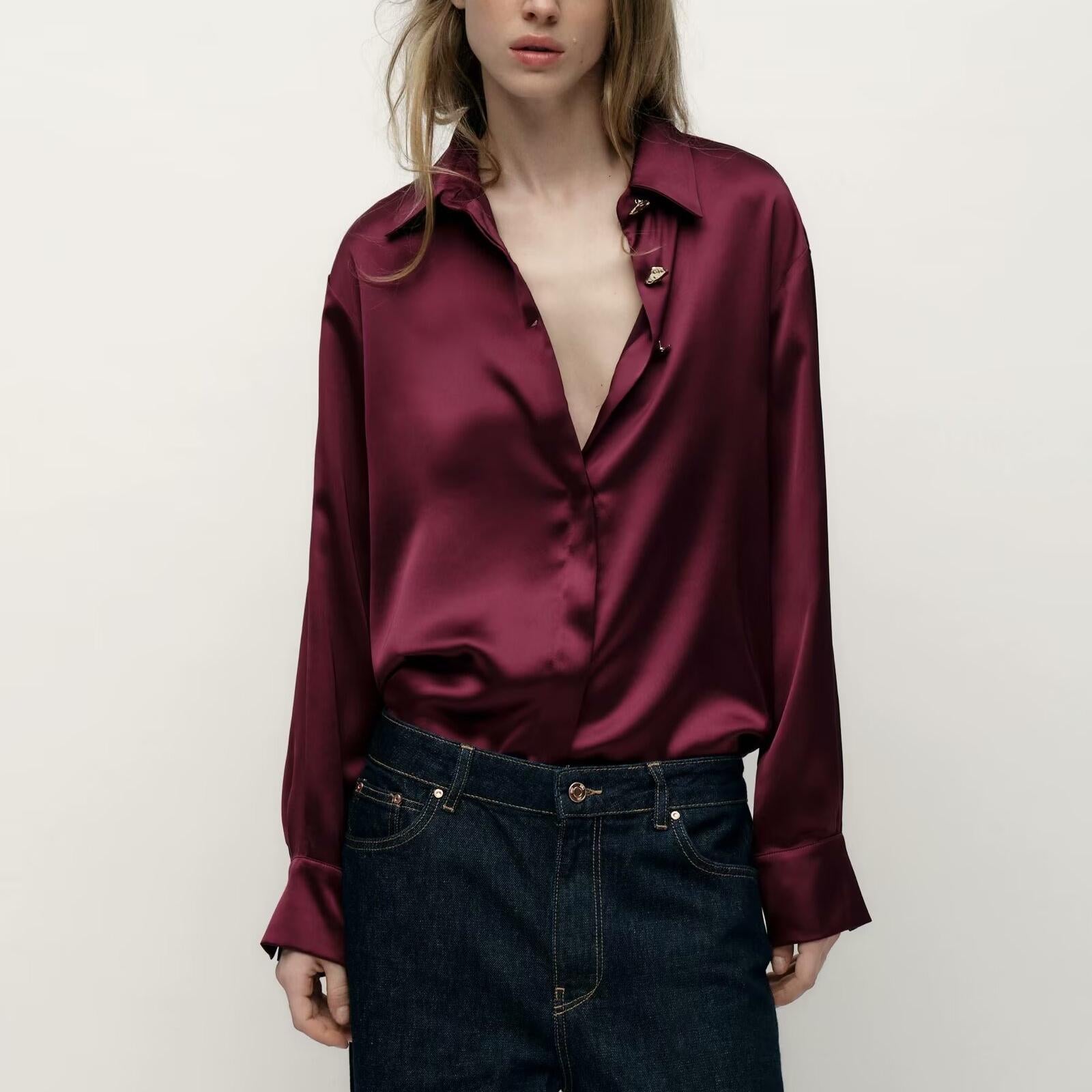 Metal Breasted Satin Textured Shirt Spring Women Clothing