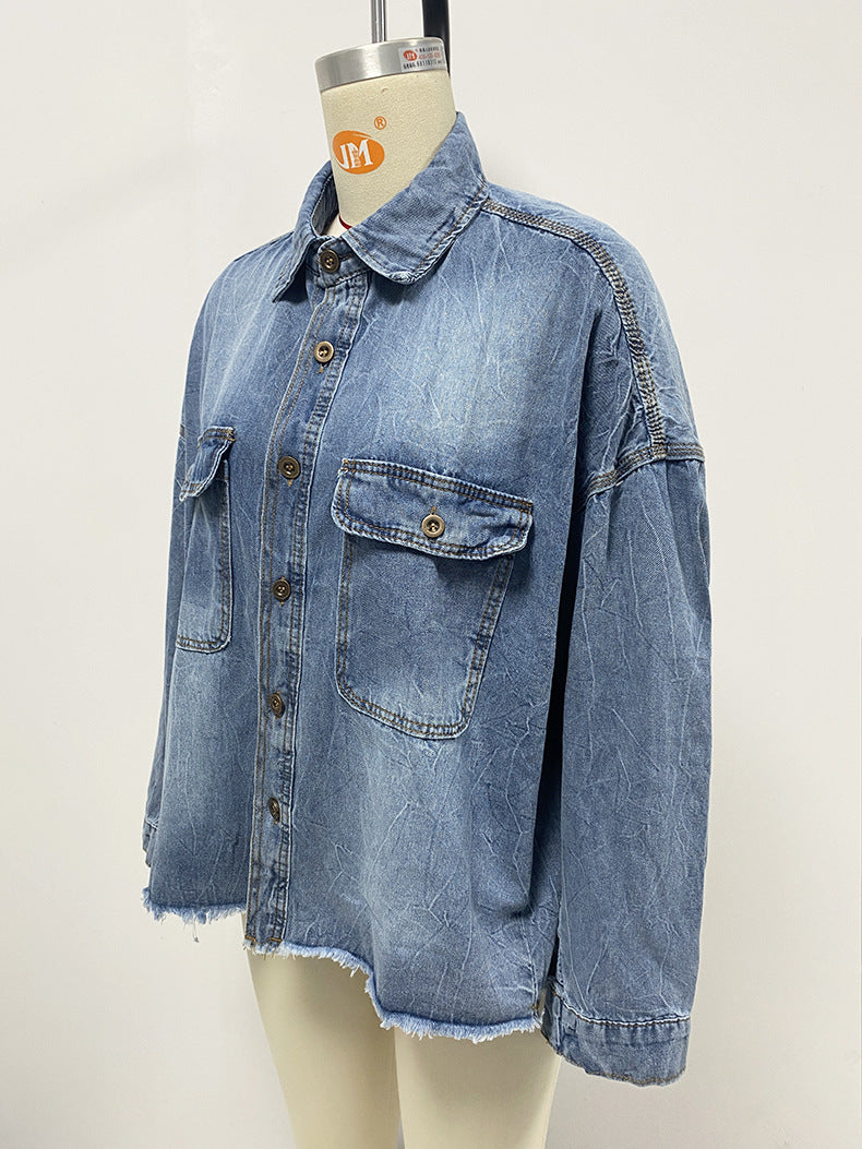 Women Clothing Spring Retro Loose Denim Shirt Drop Shoulder Blue Large Pocket Shirt
