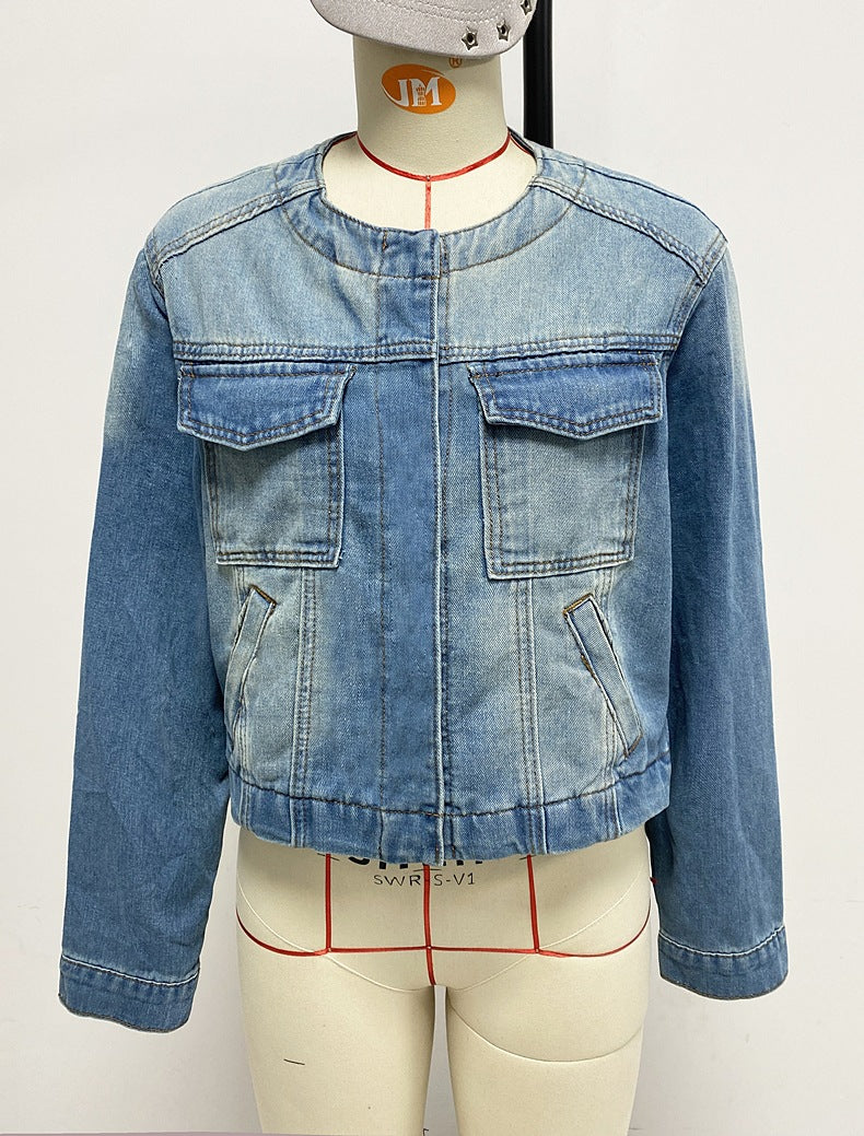 Spring Women Slim Fit Short Collarless Long Sleeve Denim Coat Retro Multi Pocket Workwear Jacket