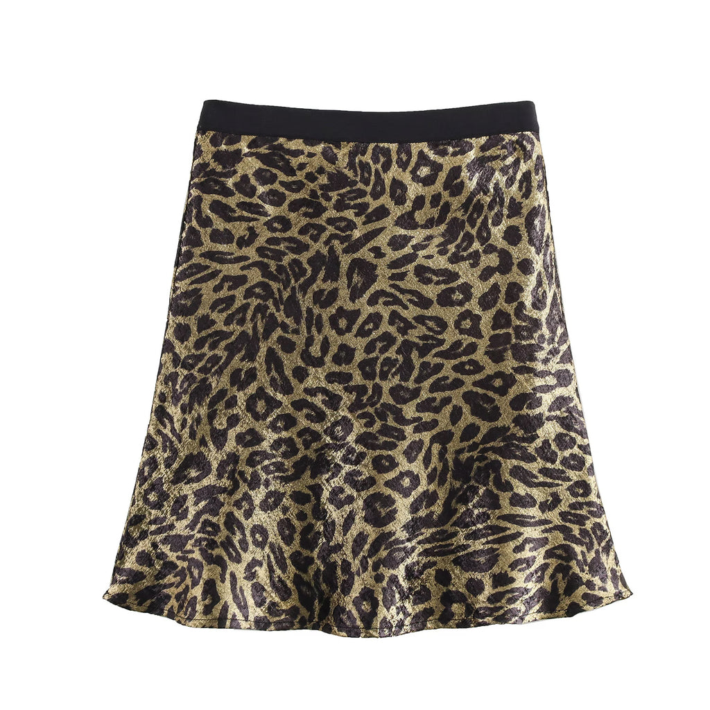 Spring Women Clothing Fashionable Short Bronzing Leopard Print Elastic Waist Double Circle Short Skirt