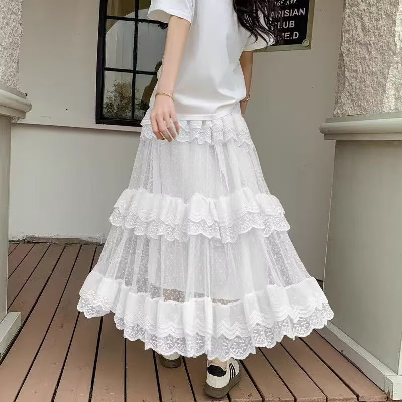 Tiered Dress Midi Skirt Spring Summer Sweet Mesh Puffy Women Clothing Swing Mid Length Dress