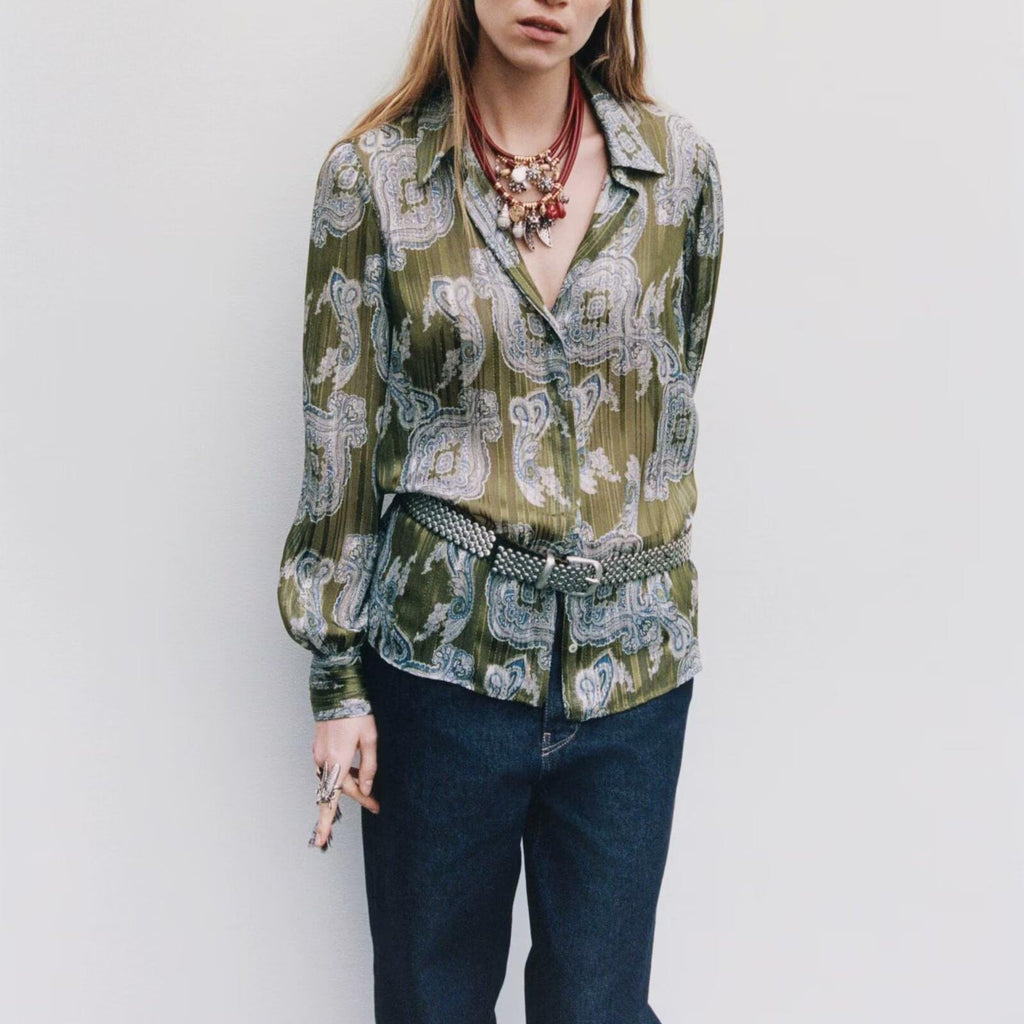 Spring Women Long Sleeved Metal Color Line Printed Shirt