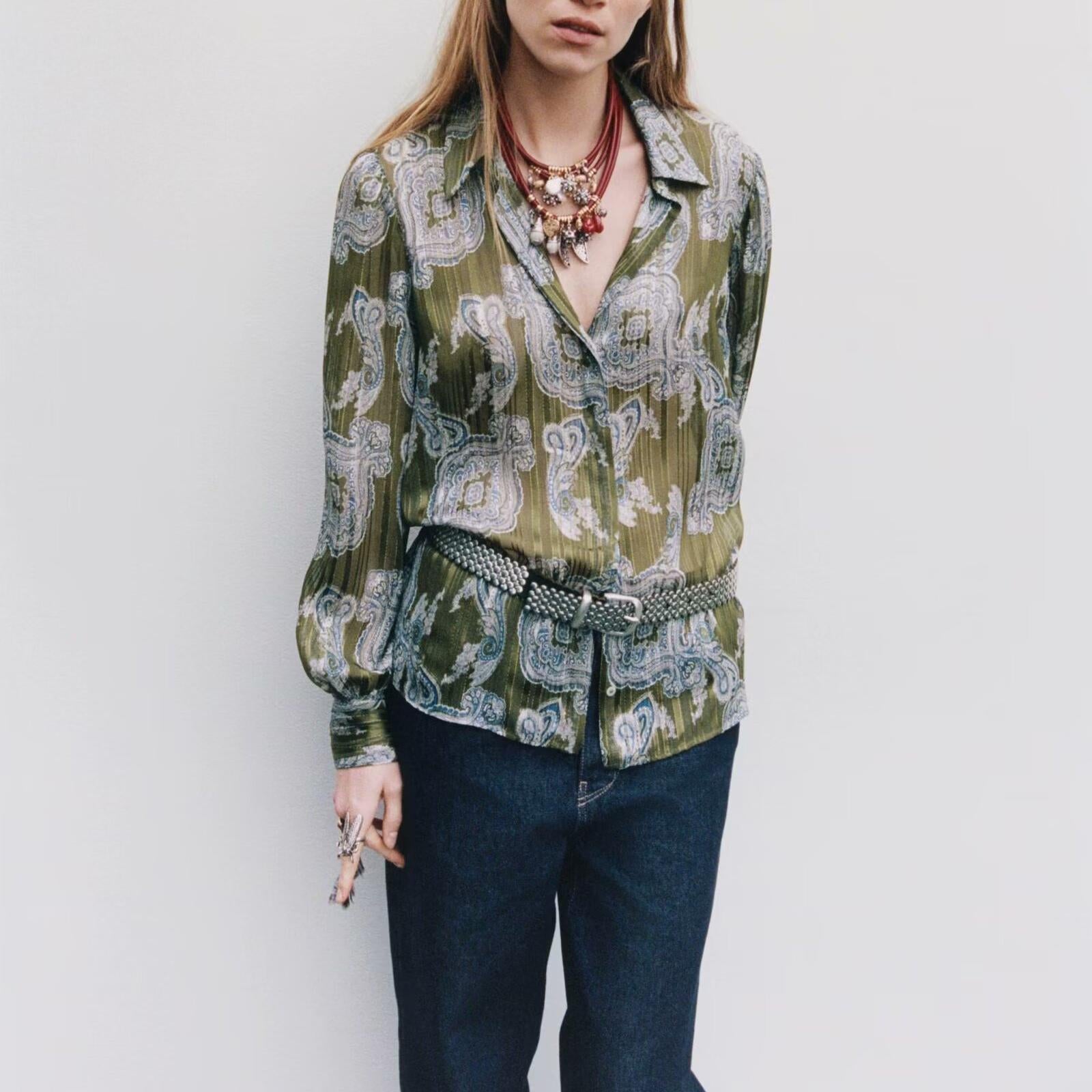 Spring Women Long Sleeved Metal Color Line Printed Shirt