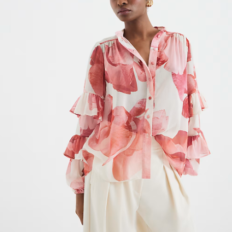 Spring Women Vintage Printed Stand Collar Long Sleeve Ruffled Decorative Simple Graceful Shirt