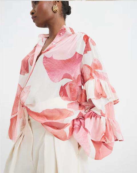 Spring Women Vintage Printed Stand Collar Long Sleeve Ruffled Decorative Simple Graceful Shirt