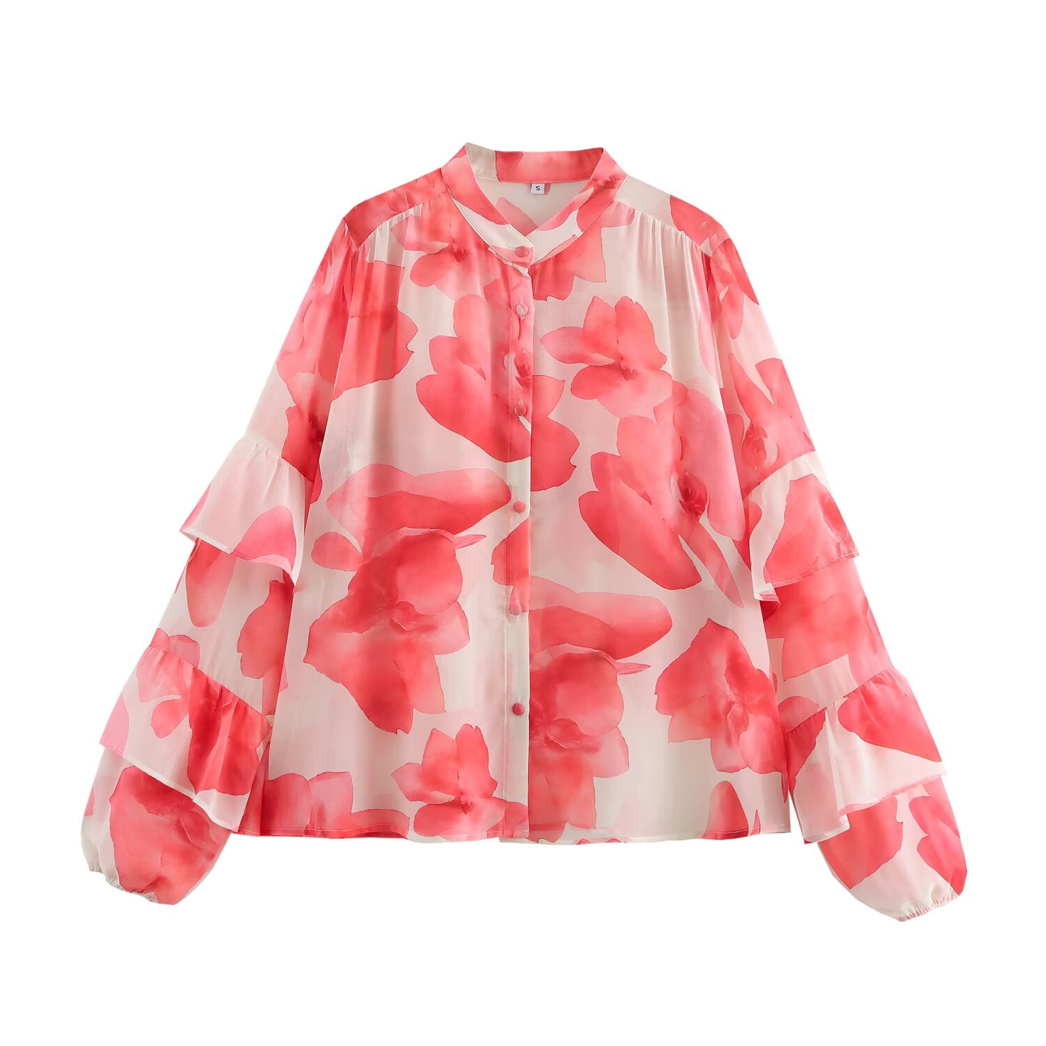 Spring Women Vintage Printed Stand Collar Long Sleeve Ruffled Decorative Simple Graceful Shirt