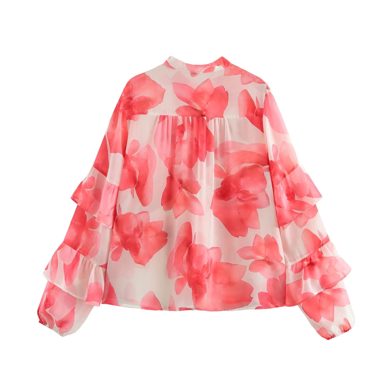 Spring Women Vintage Printed Stand Collar Long Sleeve Ruffled Decorative Simple Graceful Shirt