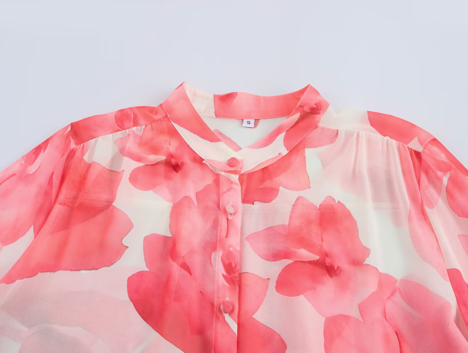 Spring Women Vintage Printed Stand Collar Long Sleeve Ruffled Decorative Simple Graceful Shirt