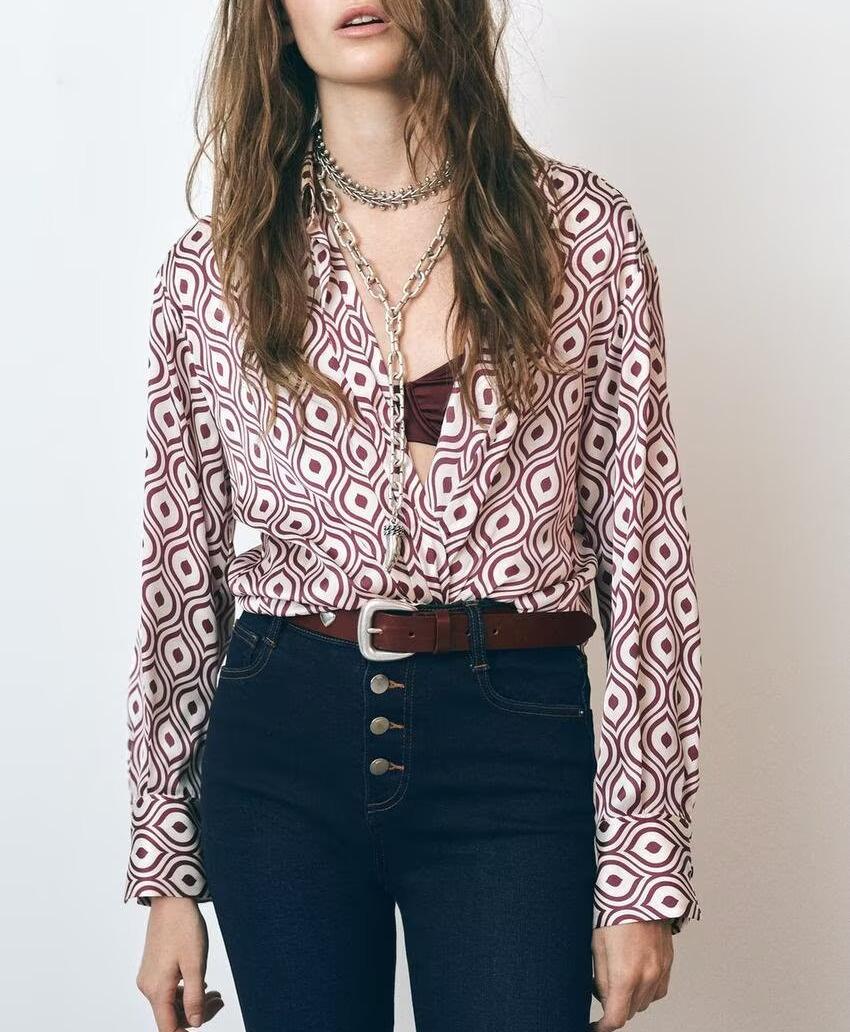 Spring Women Clothing Geometric Abstract Pattern Printed Silk Satin Texture Long Sleeve Shirt