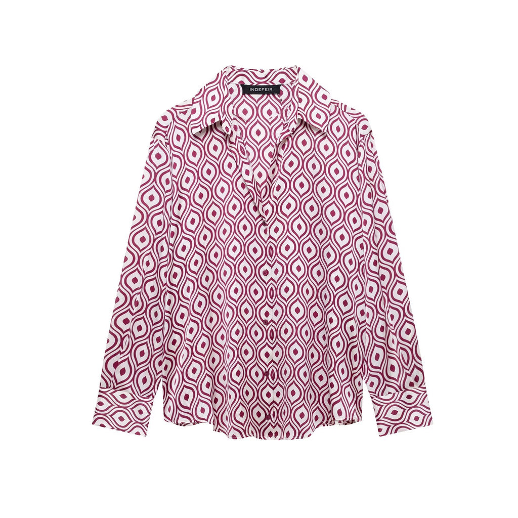 Spring Women Clothing Geometric Abstract Pattern Printed Silk Satin Texture Long Sleeve Shirt