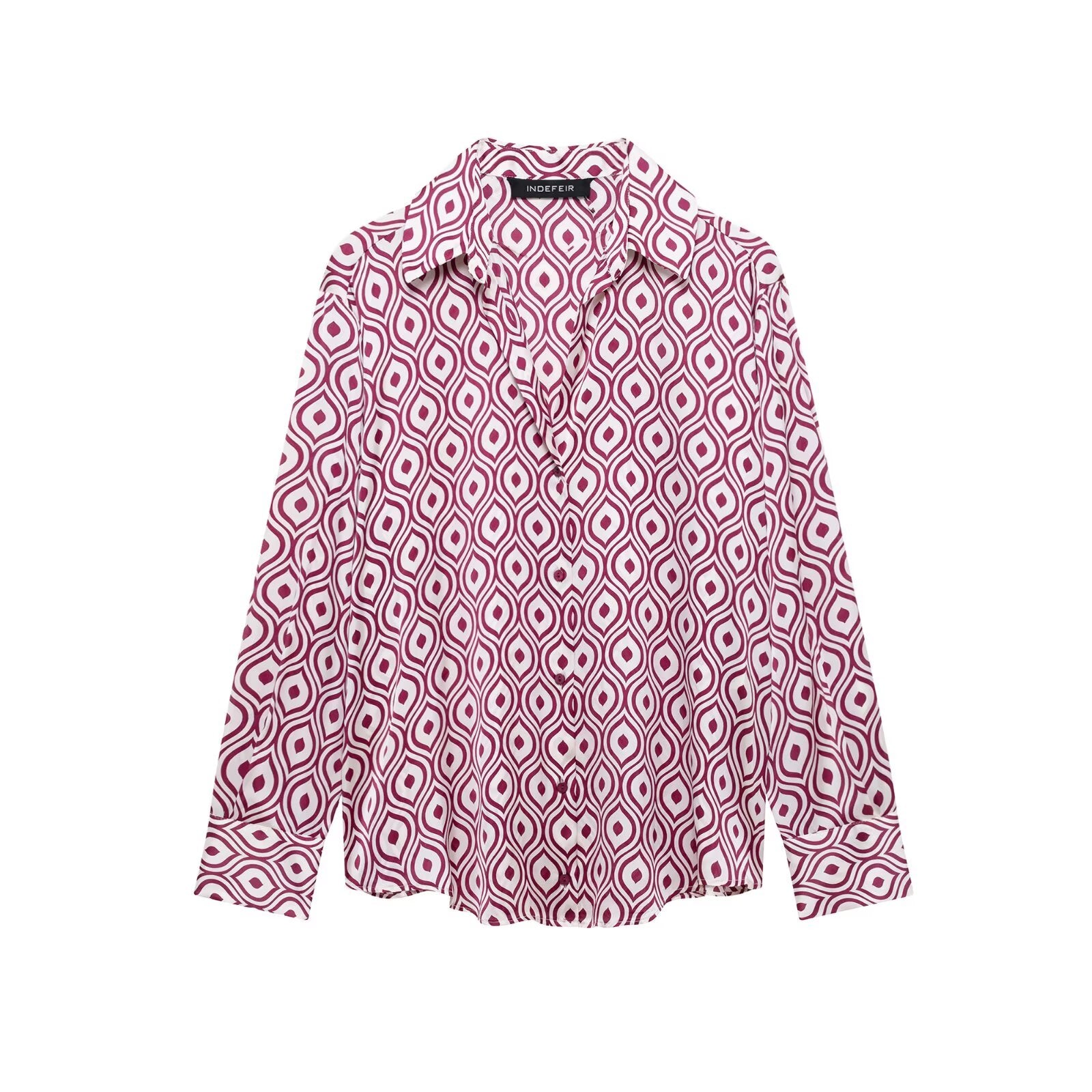 Spring Women Clothing Geometric Abstract Pattern Printed Silk Satin Texture Long Sleeve Shirt