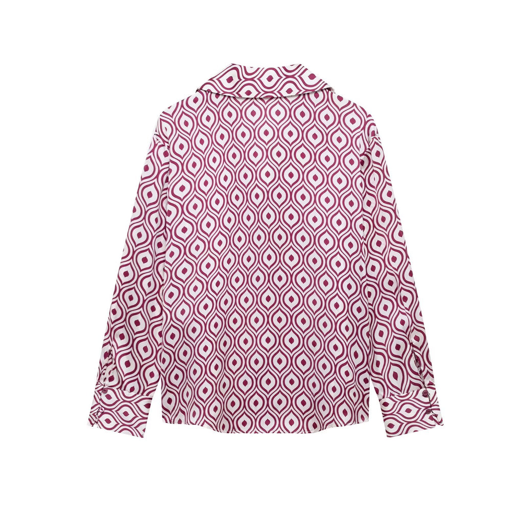 Spring Women Clothing Geometric Abstract Pattern Printed Silk Satin Texture Long Sleeve Shirt