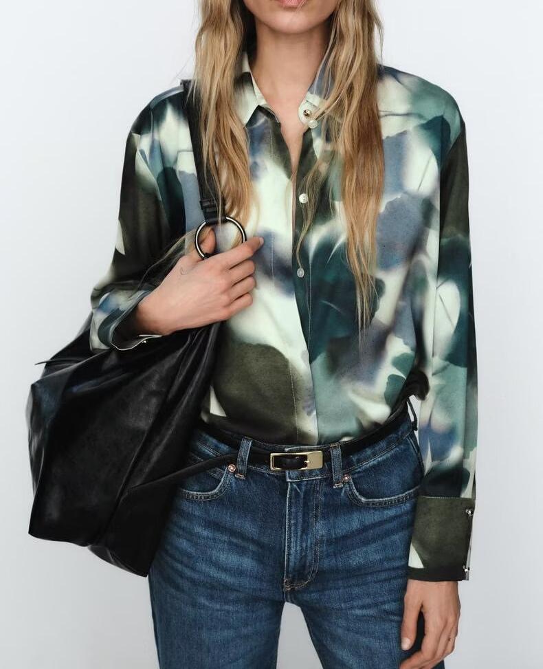 Spring Summer Women Clothing Office Printed Silk Satin Texture Collared Casual Shirt