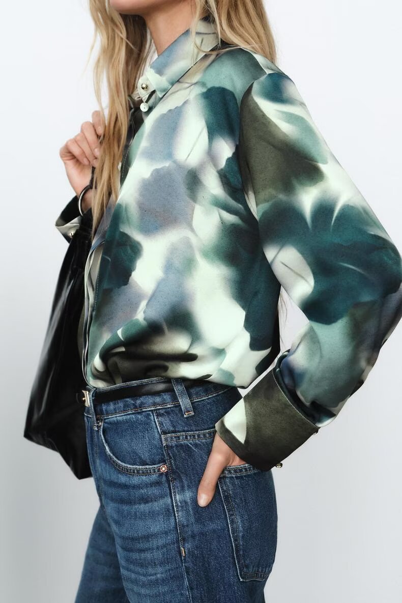 Spring Summer Women Clothing Office Printed Silk Satin Texture Collared Casual Shirt