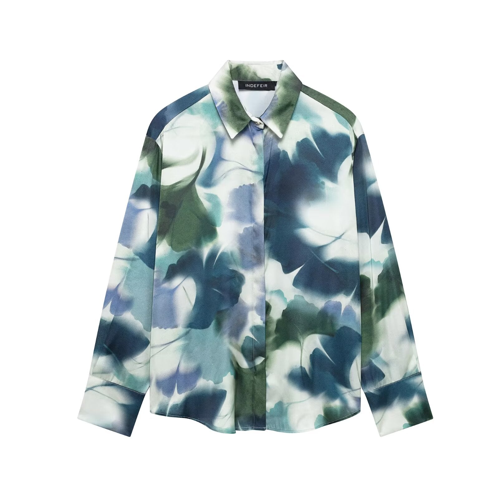 Spring Summer Women Clothing Office Printed Silk Satin Texture Collared Casual Shirt