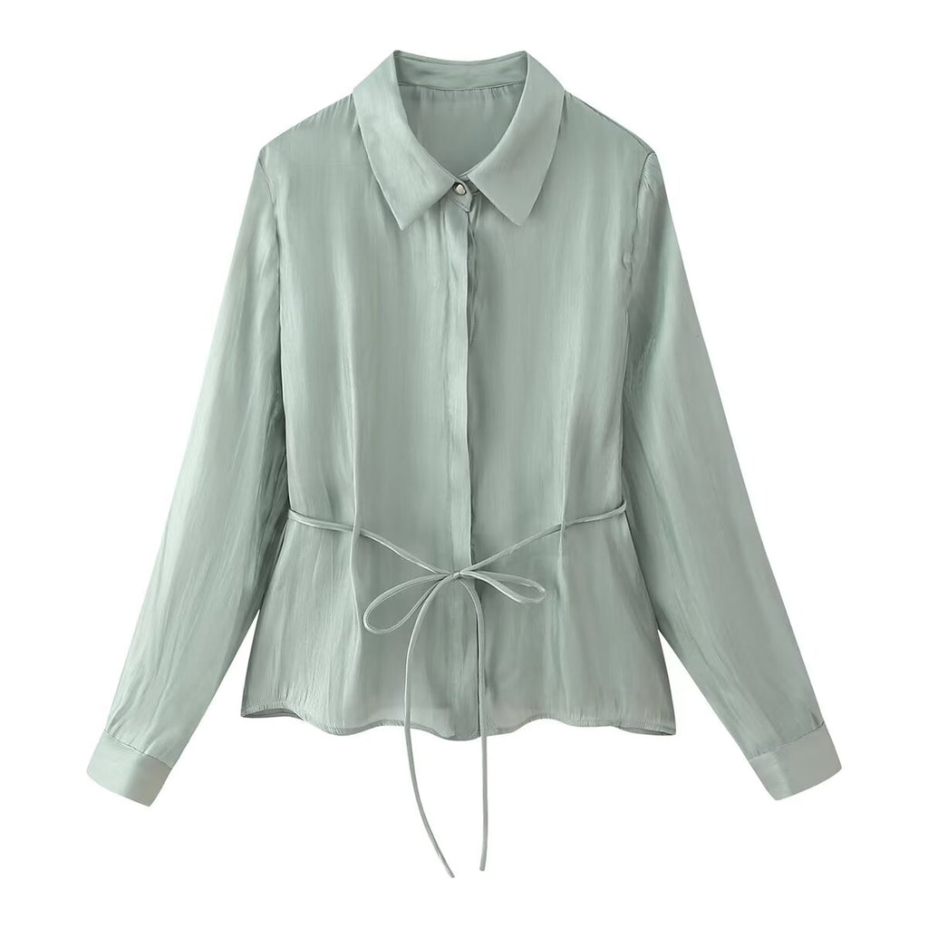 Women Bowknot Decoration Bright Effect Long Sleeve Collared Shirt