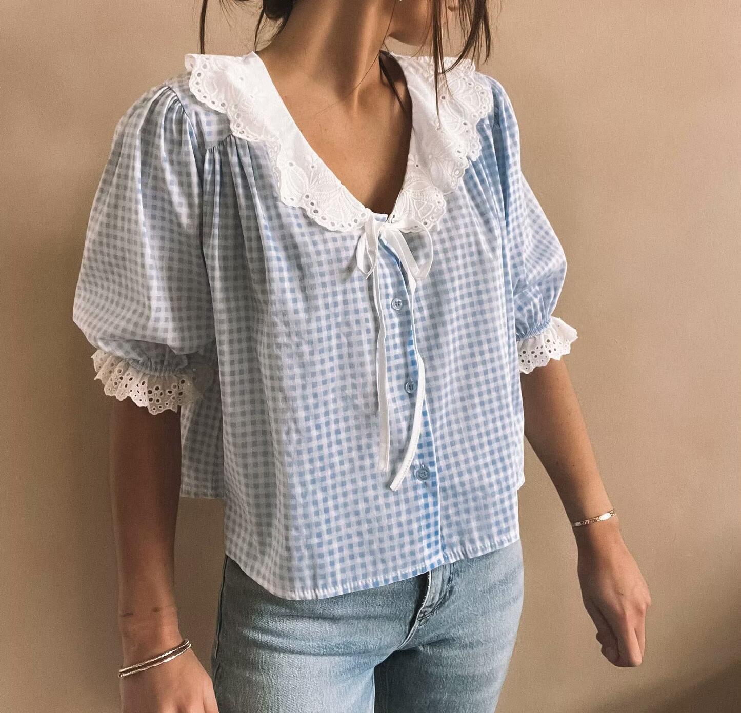 Lace Collar Bow Tie Puff Sleeve Shirt Wome Loose Plaid Short Sleeve Top