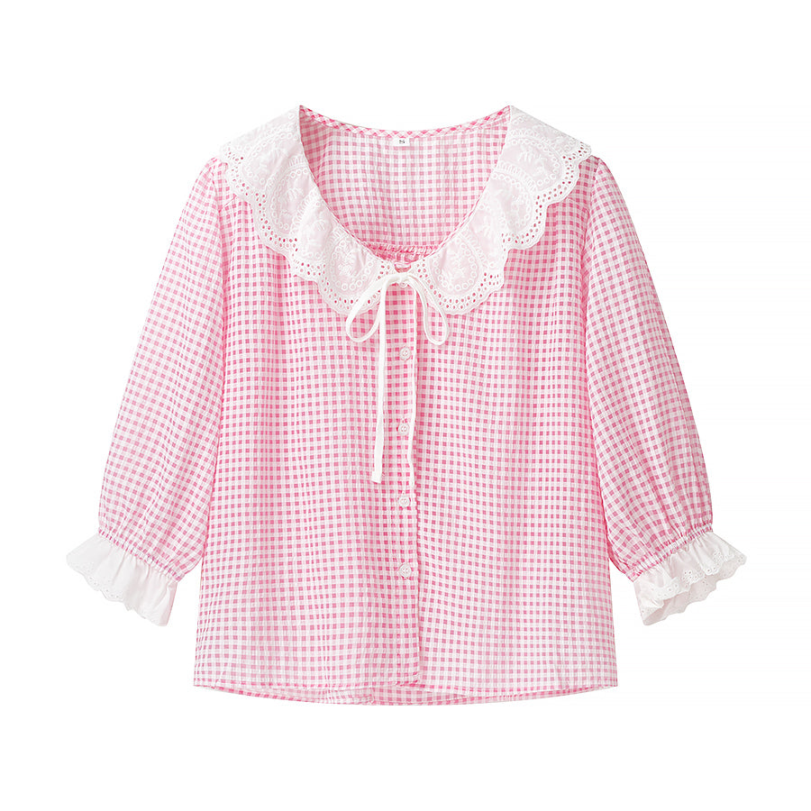 Lace Collar Bow Tie Puff Sleeve Shirt Wome Loose Plaid Short Sleeve Top