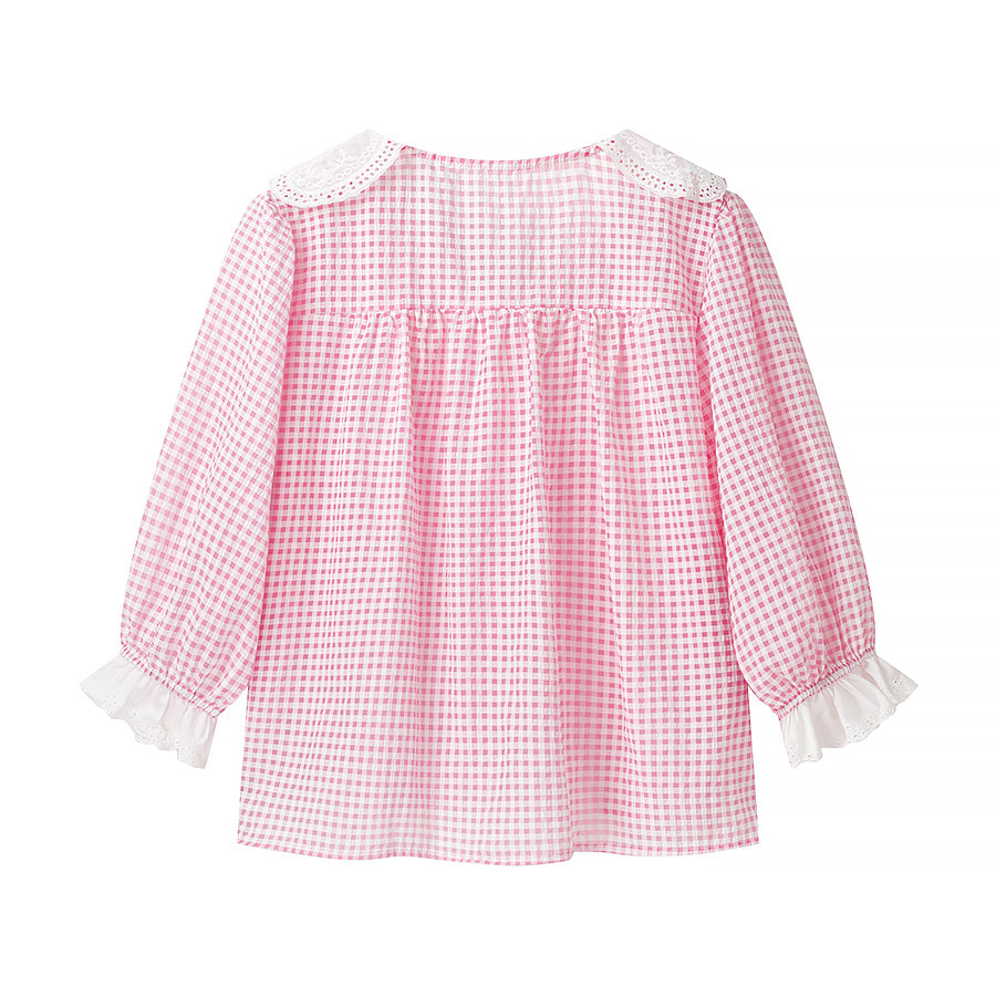 Lace Collar Bow Tie Puff Sleeve Shirt Wome Loose Plaid Short Sleeve Top