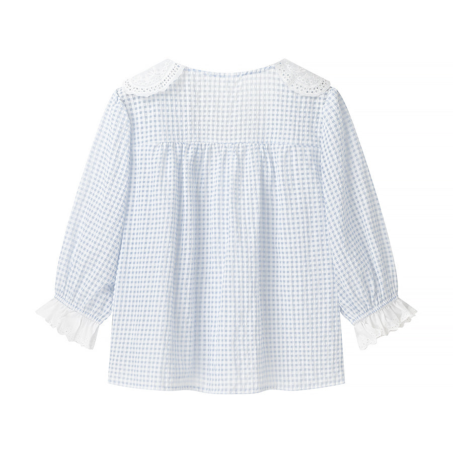 Lace Collar Bow Tie Puff Sleeve Shirt Wome Loose Plaid Short Sleeve Top