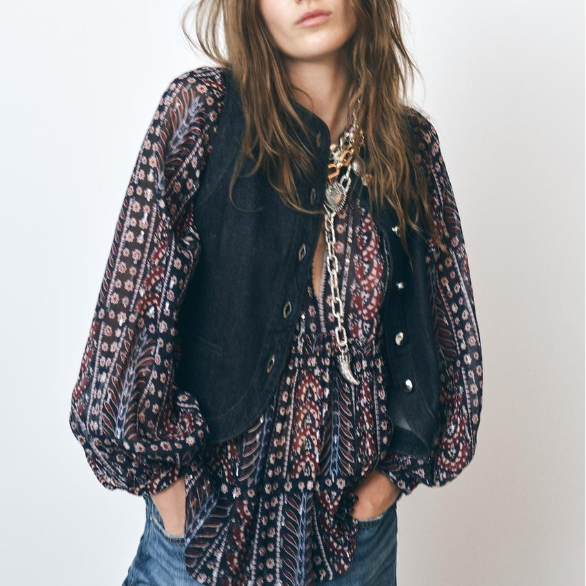 Spring Women Clothing Metal Color Line Printed Cover Long Sleeve Shirt