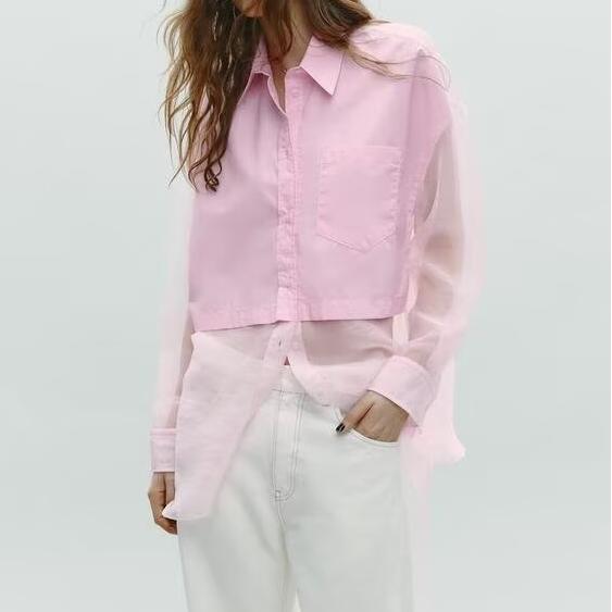 Spring Summer Women Clothing Commuting Transparent Organza Stitching Loose Long Sleeve Shirt