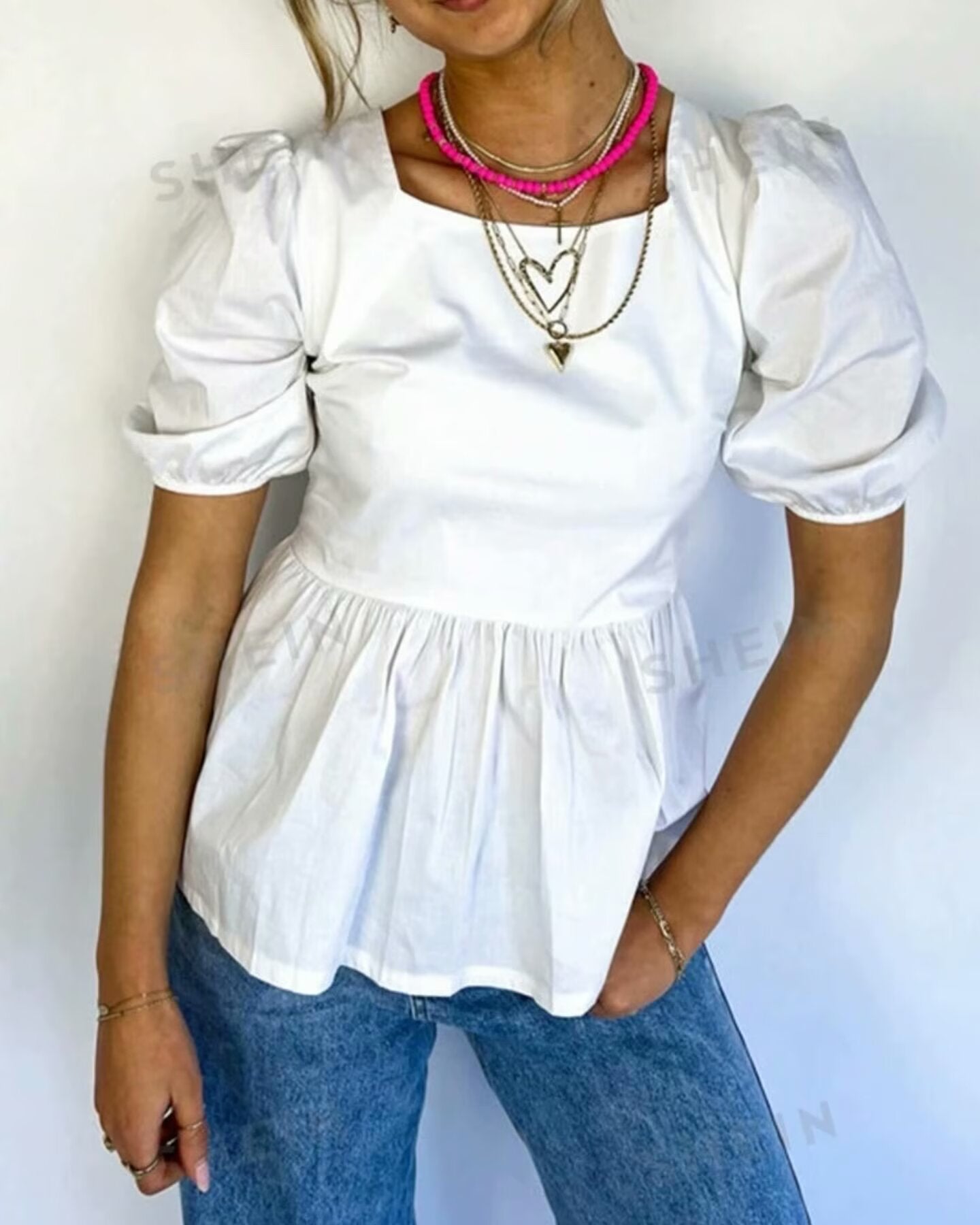 Early Spring Solid Color Square Collar Back Lace up Bow Decorative Short Blouses