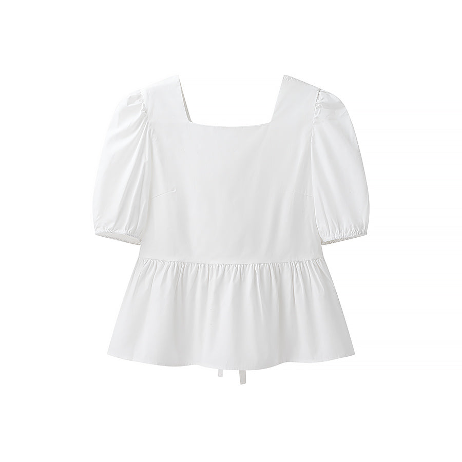 Early Spring Solid Color Square Collar Back Lace up Bow Decorative Short Blouses