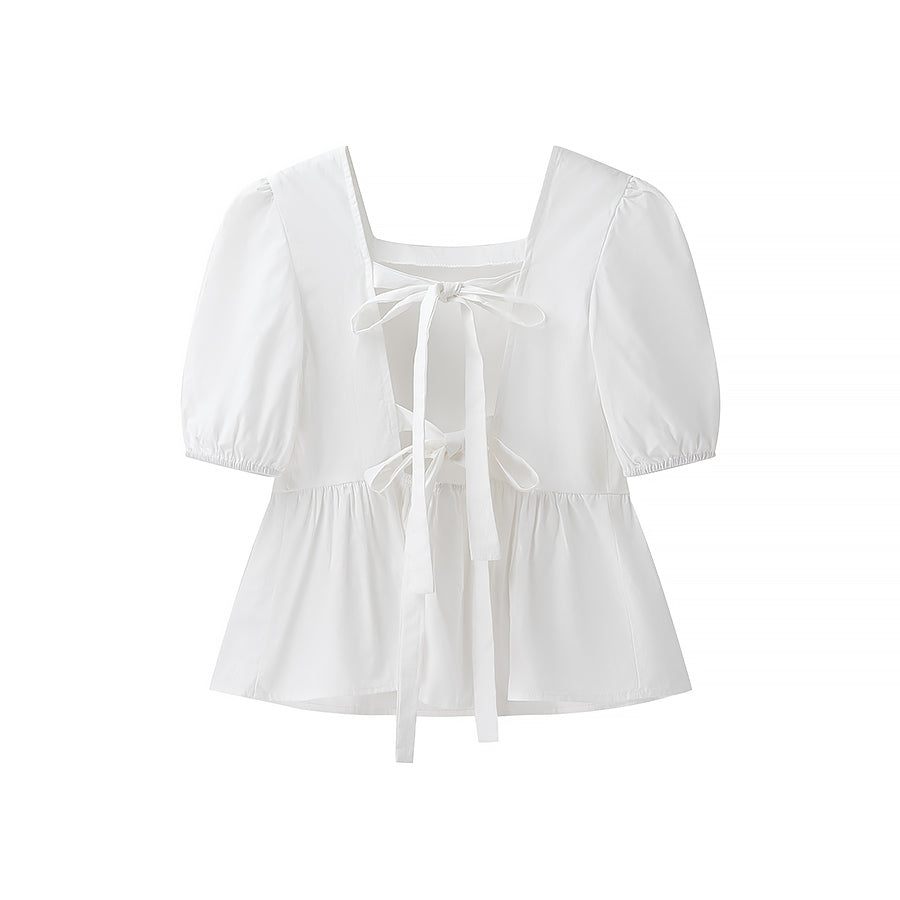 Early Spring Solid Color Square Collar Back Lace up Bow Decorative Short Blouses