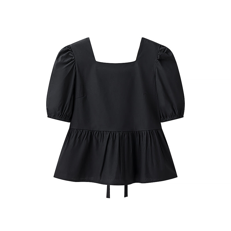 Early Spring Solid Color Square Collar Back Lace up Bow Decorative Short Blouses