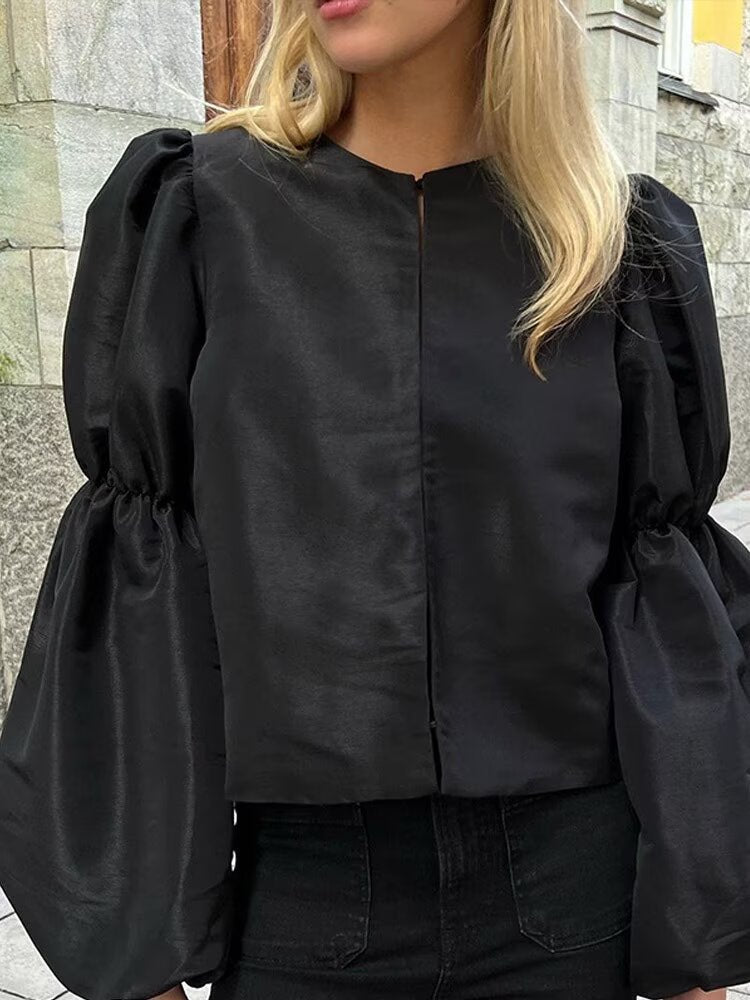 Spring Summer Women Casual round Neck Solid Color Comfort Puff Sleeve Short Blouses