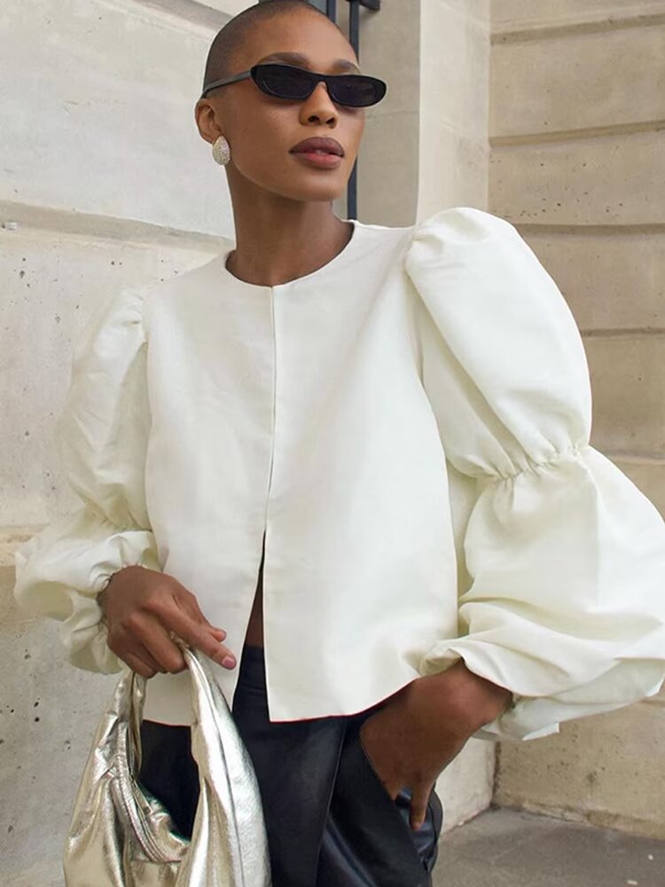 Spring Summer Women Casual round Neck Solid Color Comfort Puff Sleeve Short Blouses