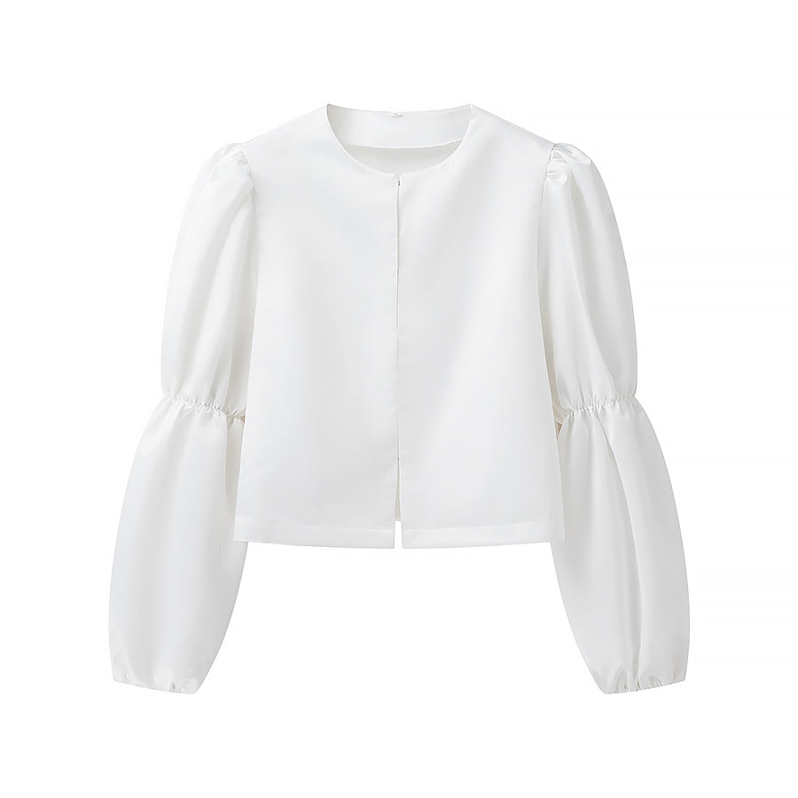 Spring Summer Women Casual round Neck Solid Color Comfort Puff Sleeve Short Blouses