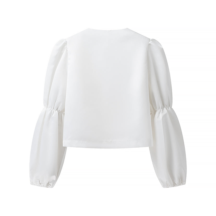 Spring Summer Women Casual round Neck Solid Color Comfort Puff Sleeve Short Blouses