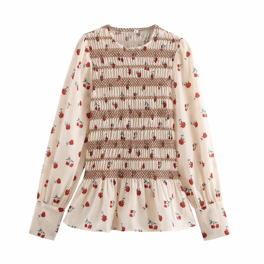 Retro Floral Print Long Sleeve round Neck Pleated Shirt Slim Fit Slimming