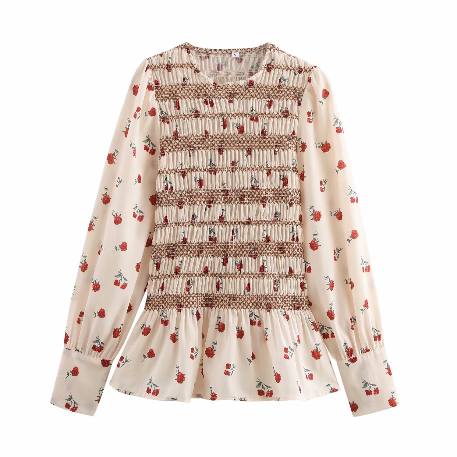 Retro Floral Print Long Sleeve round Neck Pleated Shirt Slim Fit Slimming