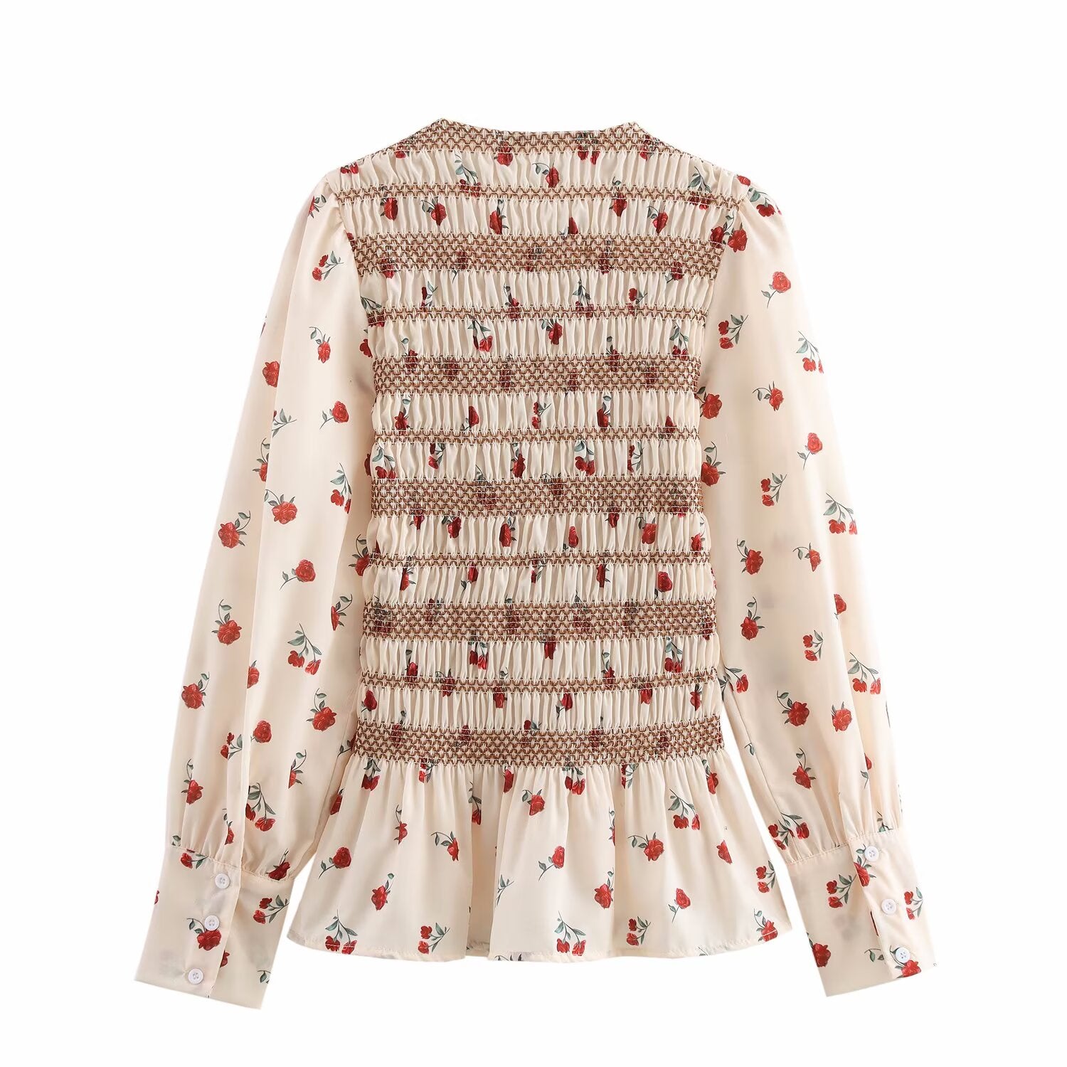 Retro Floral Print Long Sleeve round Neck Pleated Shirt Slim Fit Slimming