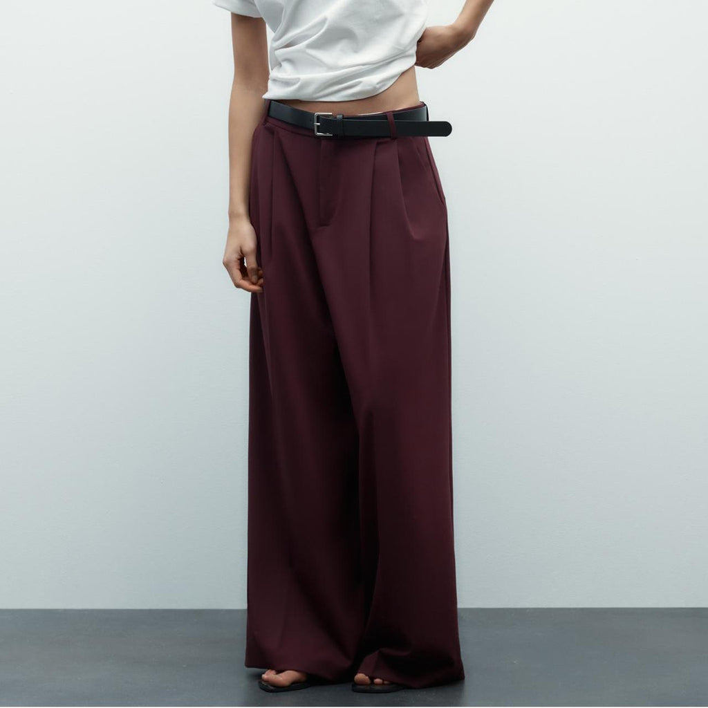 With Belt Pairs Pleated Work Pant Spring Summer High Waist Trousers Women Casual Wide Leg Pants