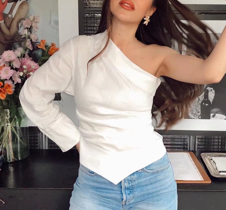 Spring Women Clothing Design Sexy Sexy Slim Asymmetric Imitation Linen One Shoulder Top