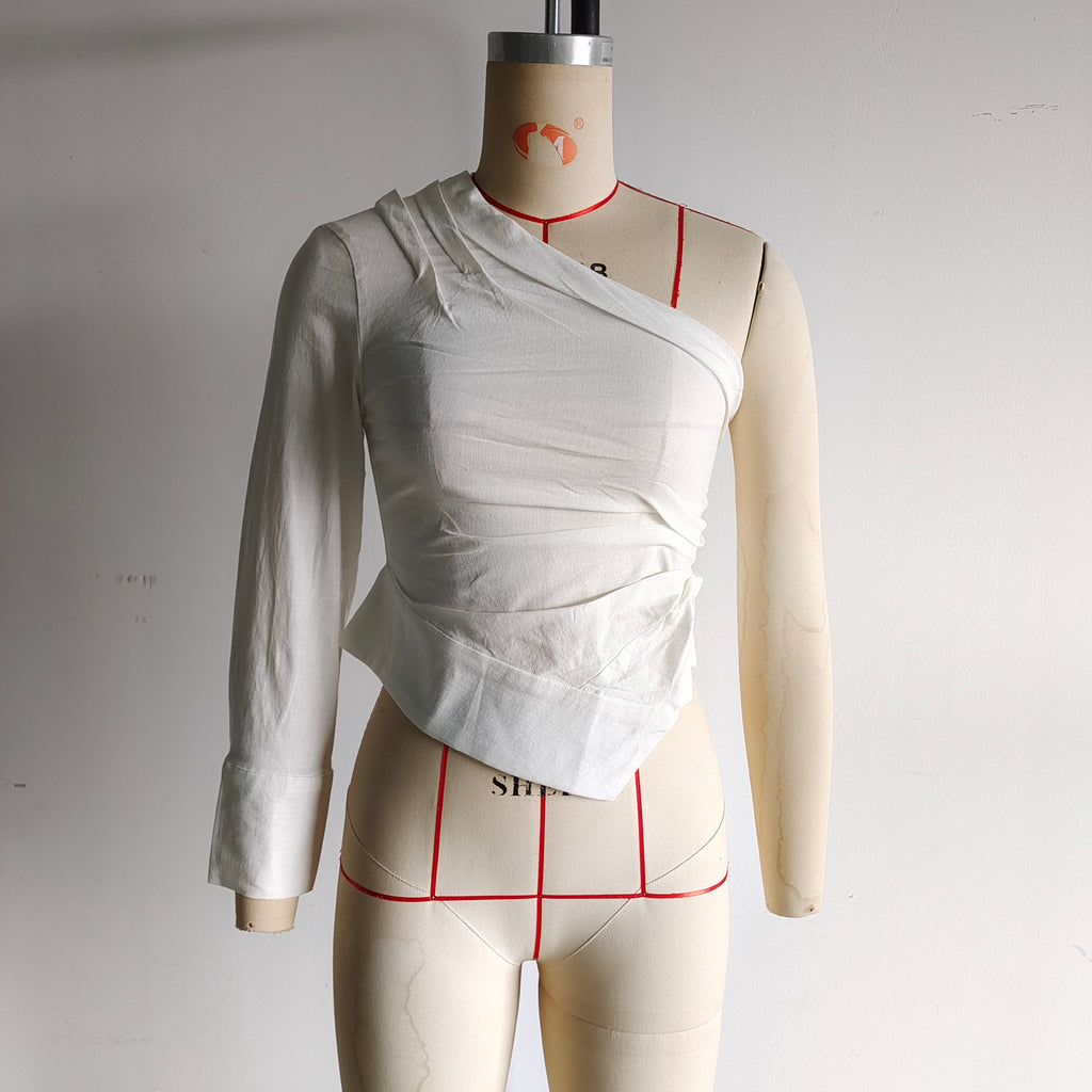 Spring Women Clothing Design Sexy Sexy Slim Asymmetric Imitation Linen One Shoulder Top